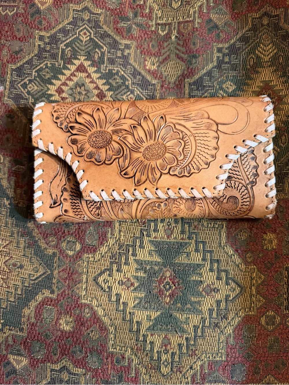 Hand-Tooled Floral Leather Wallet - Tan